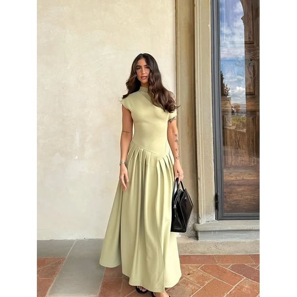 Vestido largo elegante de mujer, liso, con cuello Diagonal, diseño de telas combinadas con plisado, elegante, con una hilera de botones, manga corta, corte A, ropa de fiesta para mujer