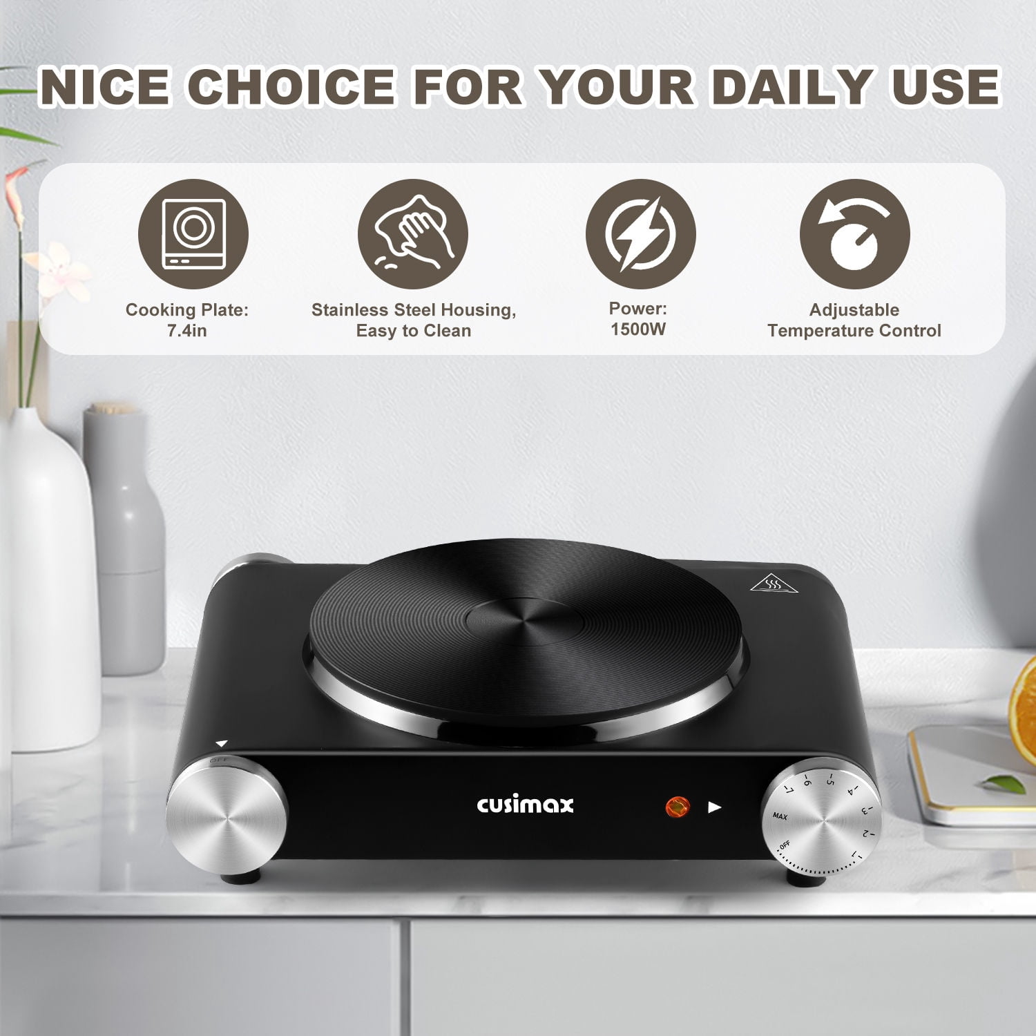 Cusimax 1500W Electric Hot Plate for Cooking Portable Single Burner Heat-up in Seconds Adjustable Temperature Control Stainless Steel Black