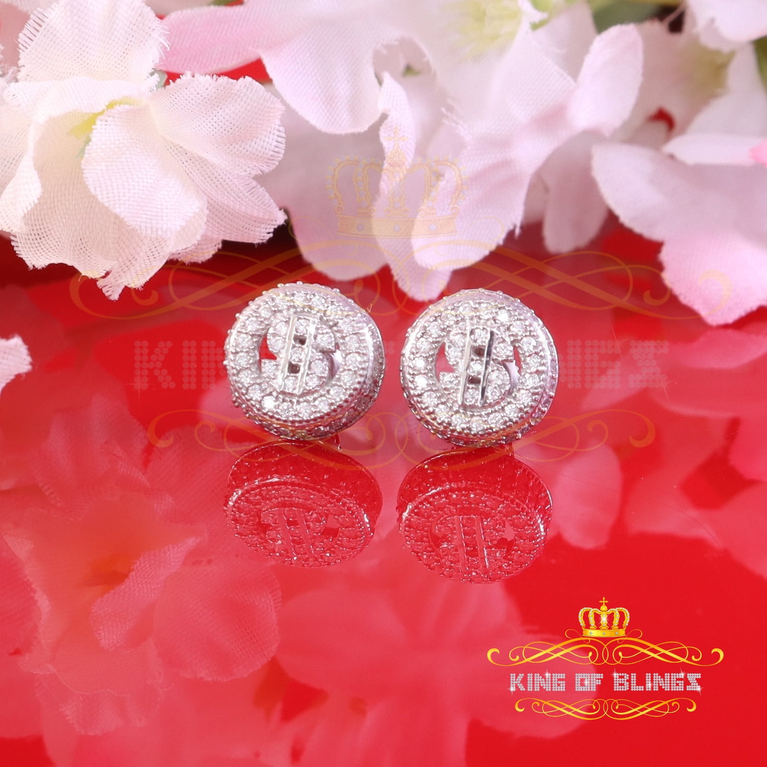 King of Bling's 925 Silver White 1.00ct VVS 'D' Moissanite Dollar Sign Men's/Womens Stud Earring