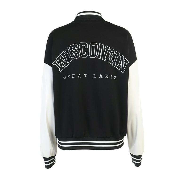 KOMOO Women Varsity Jacket Long Sleeve Button Down Cropped KOMOO Women Varsity Jacket Long Sleeve Button Down Cropped