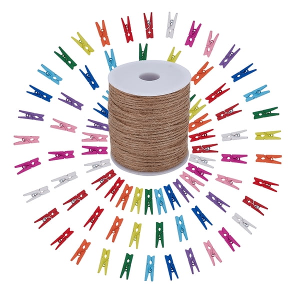 100Pcs 1 Inch Mini Colored Clothespins Wooden Photo Clips with 109 Yards Jute Twine Natural Wood Clothes Pins Photo Display Hanging Kit