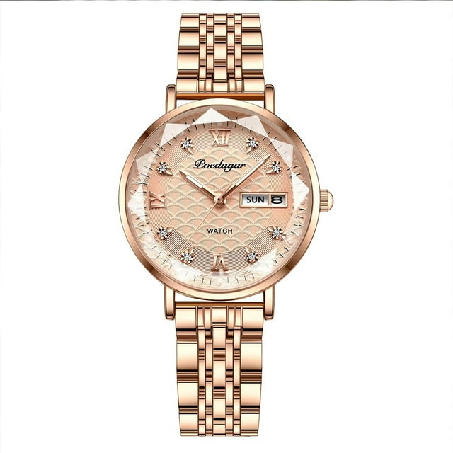 POEDAGAR Montre pour Femmes Mode Luxe Acier Inoxydable Inoxydable Étanche Montres à Quartz Marque Haut de Gamme Suisse Or Rose Montre-Bracelet pour Dames Cadeau