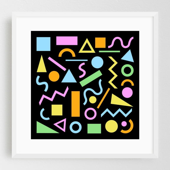 80s Style Abstract Color Shapes on Black - Digital Art Geometric Modern Art Abstract Pop Art Pattern Retro White Framed Wall Art Print 8 x 8 inches