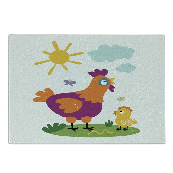Hen and Chicks Cutting Board, Nursery Themed Cartoon with Chicken and Baby in Sunny Nature Day, Decorative Tempered Glass Cutting and Serving Board, in 3 Sizes, by Ambesonne