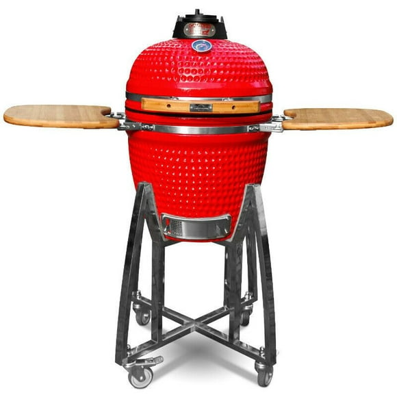 London Sunshine Ceramic Kamado Charcoal BBQ Grill - Black 18 Inch with Stainless Steel Stand and Double Side Board-Red