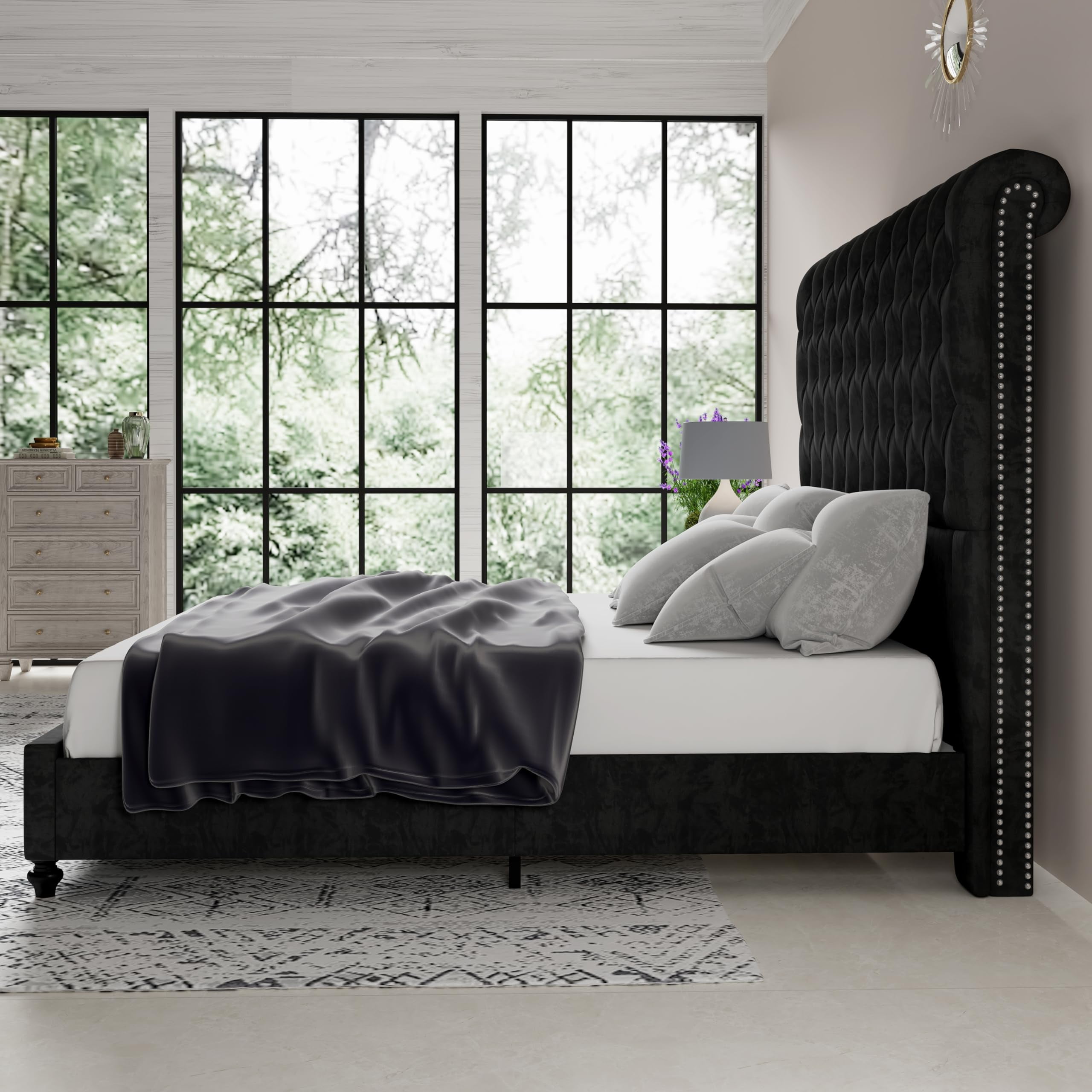 Merluxy King Bed Frame for Adult,60" Sleigh Headbord with Deep Button Tufting,Velvet Black