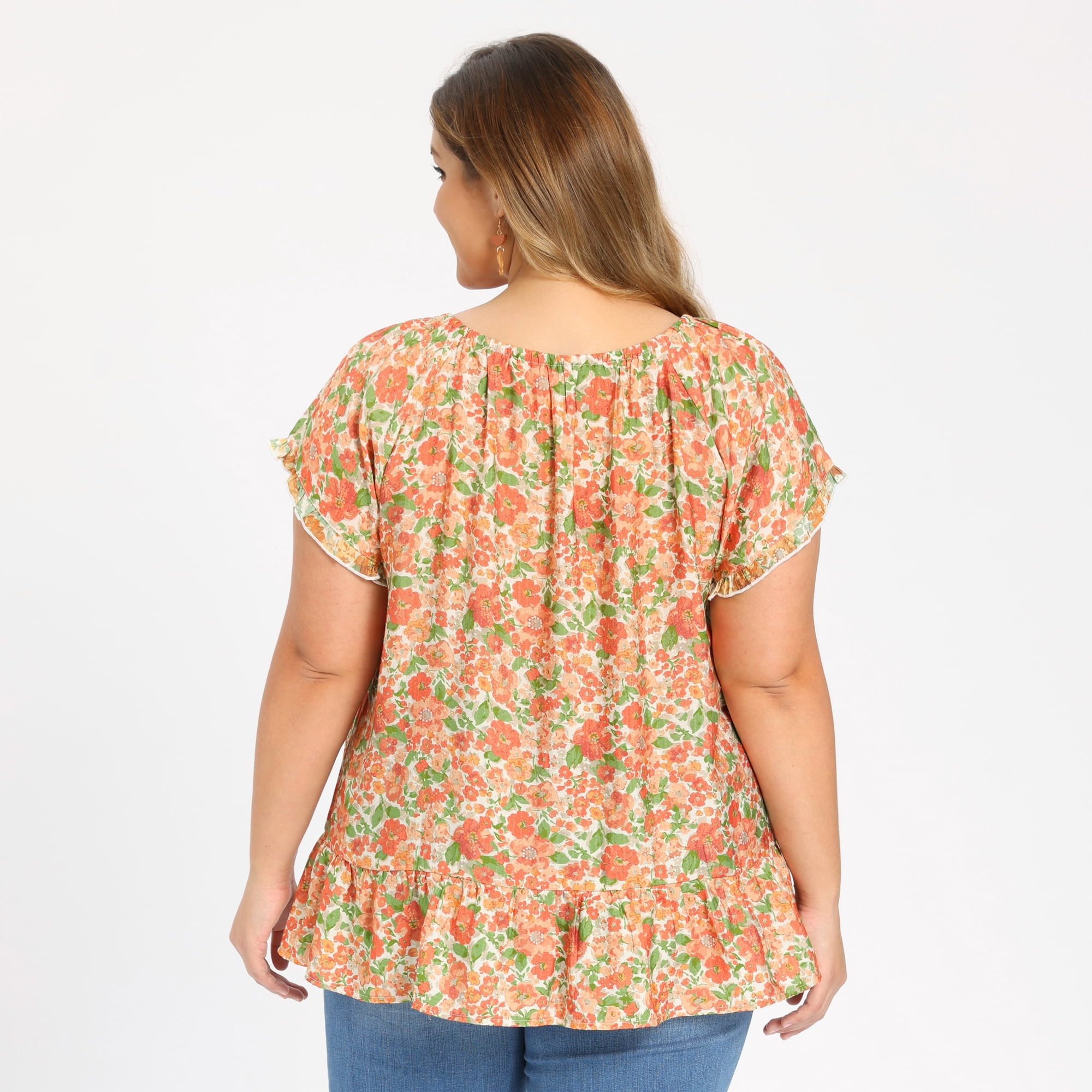 DARING DIVA Women's Plus Floral Ruffle Sleeve Tie Neck Blouses Top 1X Orange