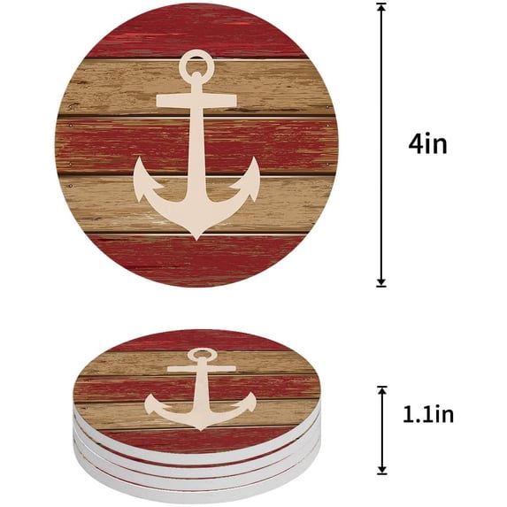 FMSHPON Nautical Themed Ship Anchor on Vintage Wooden Boards Set of 8 Round Coaster for Drinks, Absorbent Ceramic Stone Coasters Cup Mat with Cork Base for Home Kitchen Room Coffee Table Bar Decor