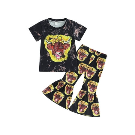 

Calsunbaby Kids Little Girls 2Pcs Clothes Outfits Short Sleeve Cattle Printed T-Shirt + Elastic Waist Flare Pants Black 1-2 Years