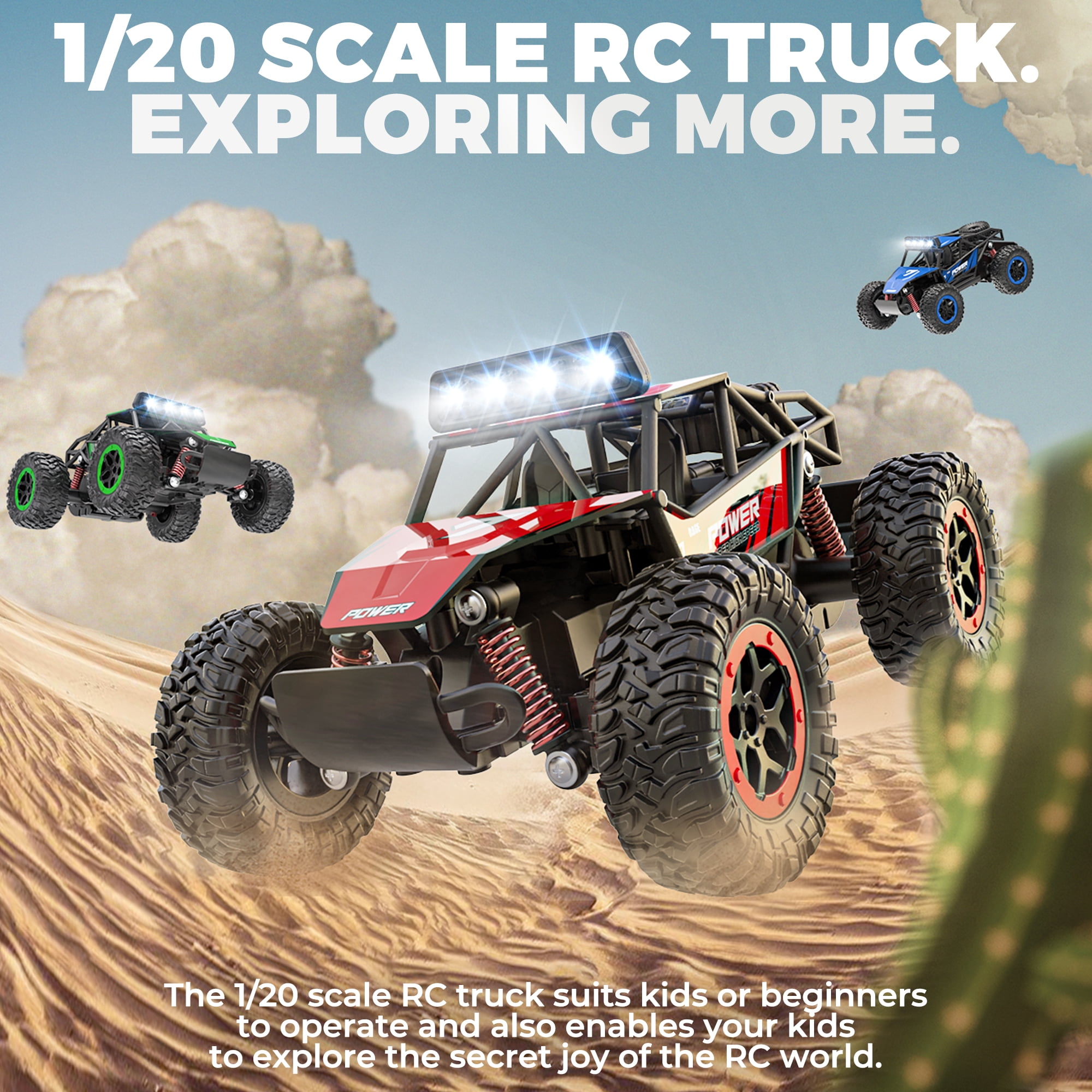 YCFUN Remote Control Cars for Kids, 1:20 Scale off Road RC Monster Trucks Crawler with Headlight, Electric RC Cars Vehicle for Kids Boys (Red)