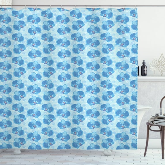 Ambesonne Flower Shower Curtain, Soft Blue Orchid Blossoms, 69"Wx75"L, Pale Blue Blue and White