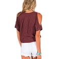 thumbnail image 3 of Minnieouse Camiseta de mujer con cuello en V y hombros descubiertos, blusa informal de manga corta, negro, 3XL Prendas para la parte del cuerpo Vino rojo XXL Minnieouse AP002687-23, 3 of 5