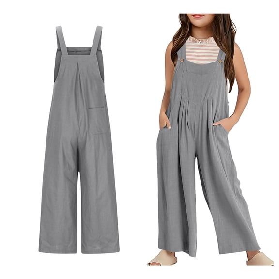 Baby Girl Jumpsuit Spaghetti Strap Sleeveless Loose Romper Long Pants with Pockets Kids Girl Outfit 9-10 Years