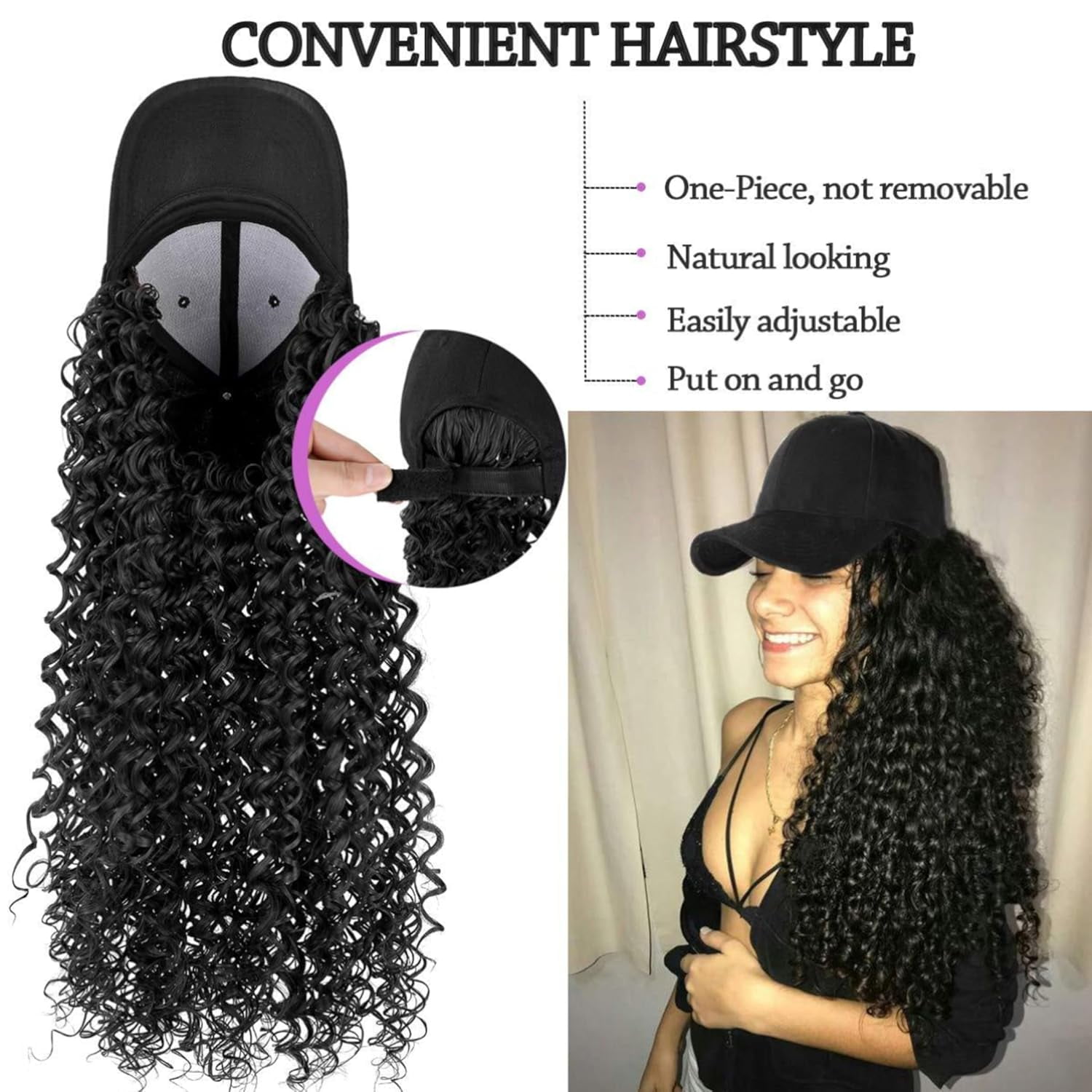 YEKEYI Headband Wig Human Hair Wigs Baseball cap Wig Curly Deep Wave Headband Wig Hat Wigs (Black hat Long Lbrown wig)