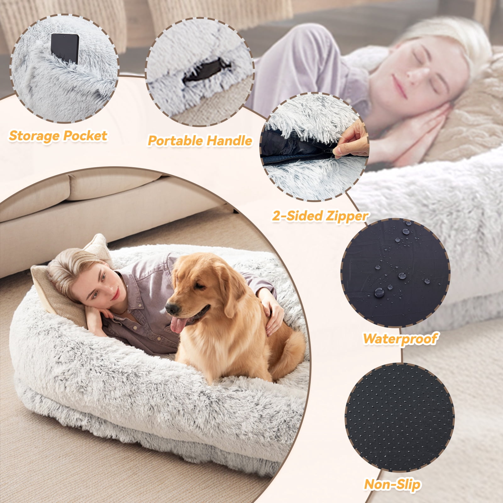 Dokdogs Oversized Human Dog Bed for Adults & Pets, 70"x44"x11" Washable Faux Fur Lounger with Orthopedic Support, Plush Pillow & Blanket Included - Black