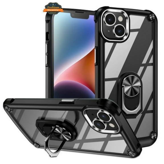 For Apple iPhone 15 Pro Max (6.7") Clear Transparent Hybrid with 360° Magnetic Ring Stand PC Heavy Duty Shockproof Phone Case Cover by Xpression - Black