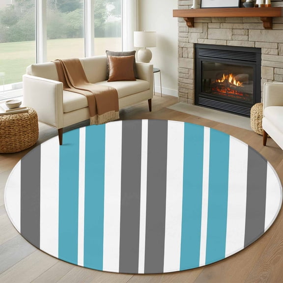 Grey Aqua Stripes, Round Area Rug 6 FT, Non Slip Bedroom Area Rug, Abstract Contemporary Minimalist Geometric Washable Soft Circular Carpet Floor Mat for Kitchen Dining Room Home Office Kids Room