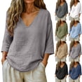 thumbnail image 7 of Women's V Neck 3/4 Sleeve Linen Blouse Loose Fit Solid Color Summer Top, 7 of 7