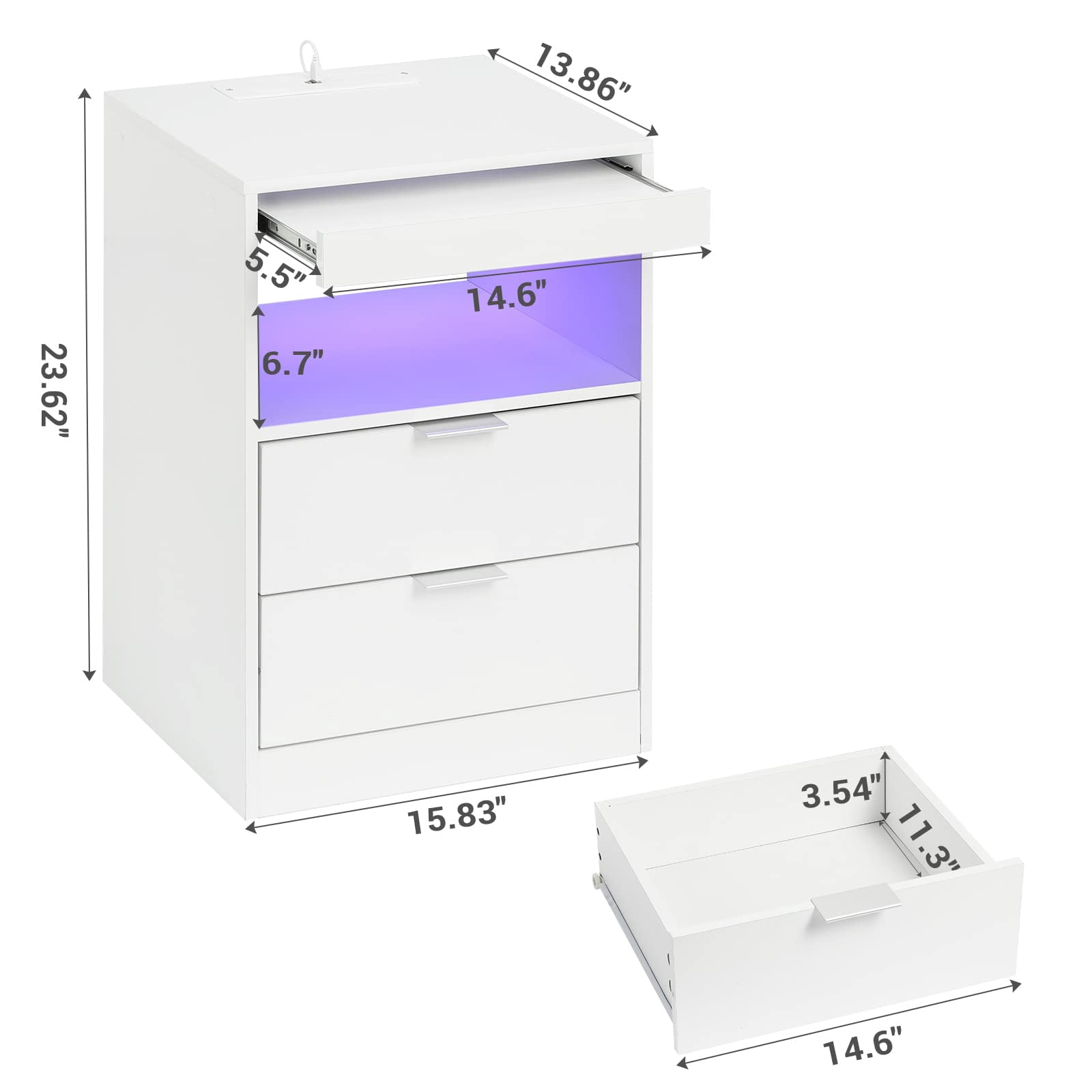 Set of 2 Nightstand with 2 Drawers,Nightstand with Wireless Charging Station and LED Lights, Modern Smart Bedside Table for Living Room Office,White