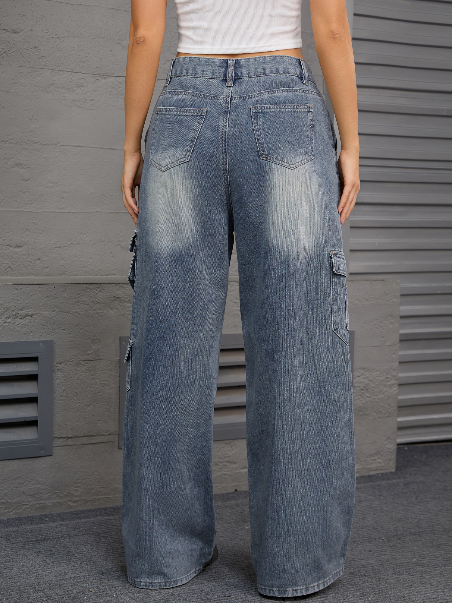 DARING DIVA Women's Baggy Jeans Multi-Pocket Cargo Denim Pants M Gray Blue