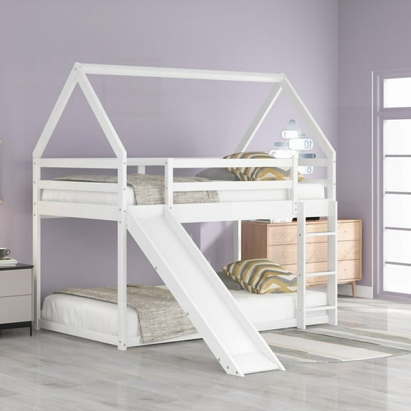 Twin Size Bunk House Bed with Slide & Ladder in White - Crafted with Solid Wood for Durability