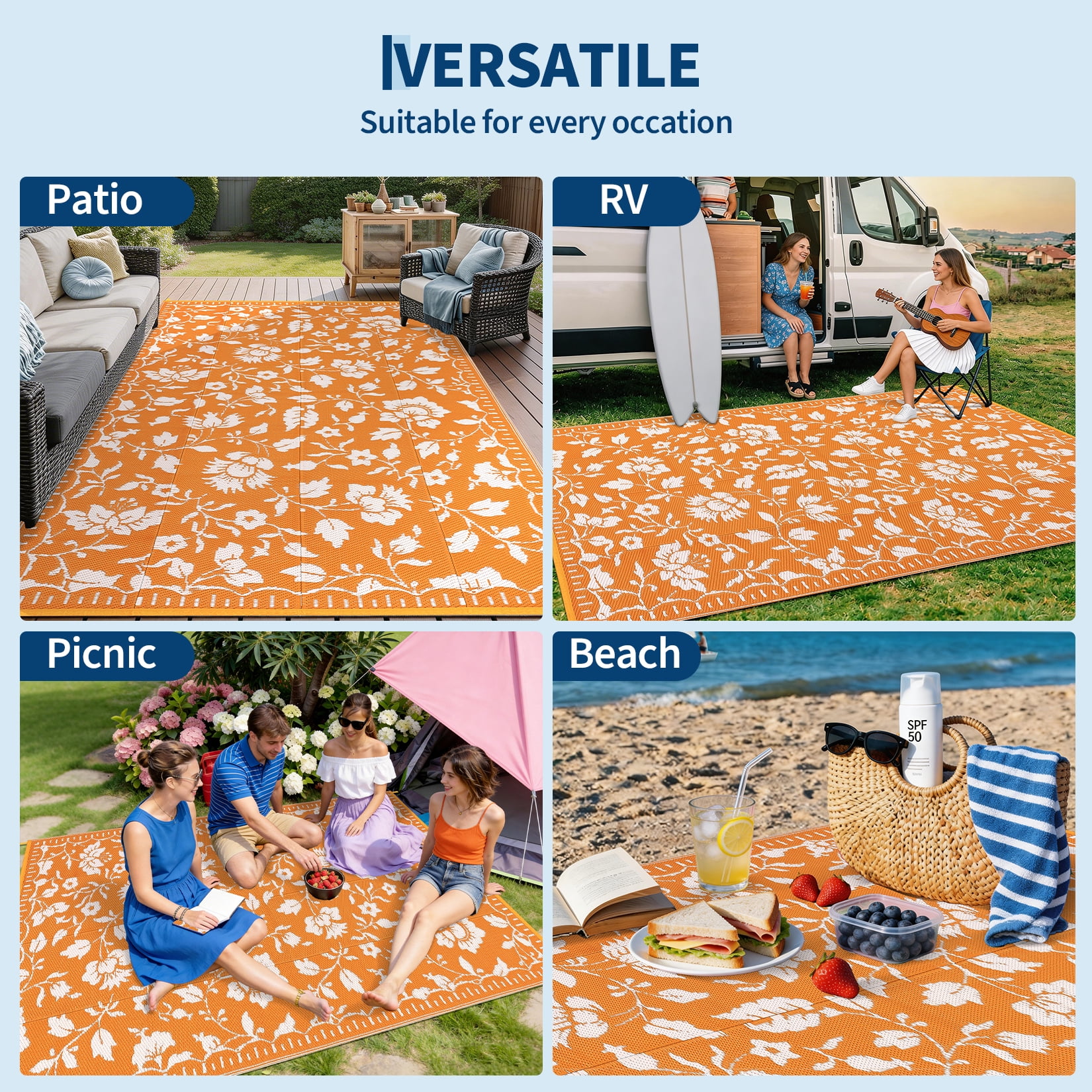 Garvee 10'x14' Outdoor Rug Waterproof Floral Camping Carpet, Reversible Plastic Straw Rug Outdoor Rug for Patio RV Balcony Backyard, Orange