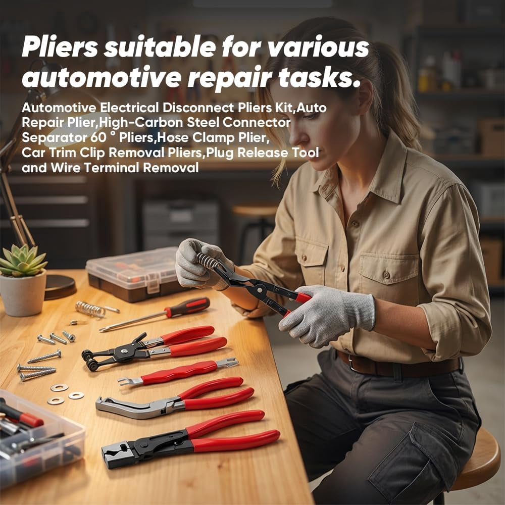 5-Piece Automotive Electrical Disconnect Pliers Kit, High-Carbon Steel 60° Angled Connector Separator, Hose Clamp Pliers, Trim Clip Removal Tools, Plug Release & Wire Terminal Remover for Auto Repair