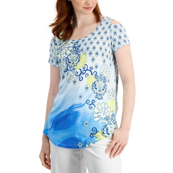 JM Collection Womens Printed Cold-Shoulder Top Blue Isle Combo XS
