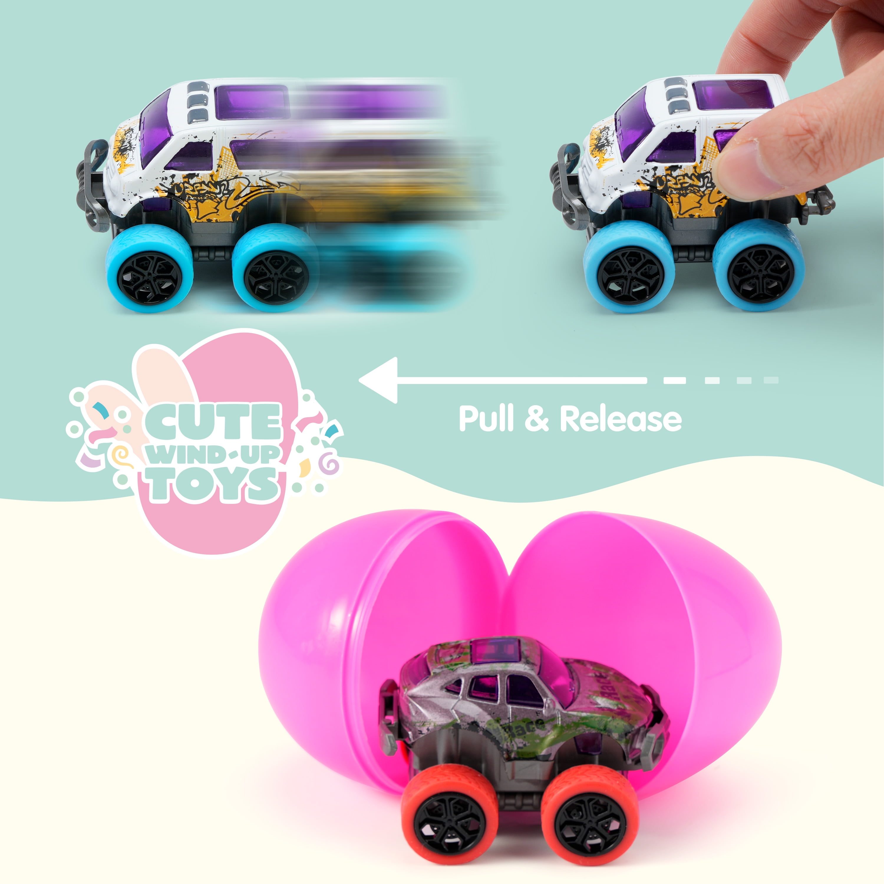 Joyfy 24 Pcs Easter Eggs Filled with Toys(12 Cars and 12 Eggs),Easter Egg Fillers Mini Toys Truck Basket for Toddlers Kids Boys,Easter Egg Hunt Supplies