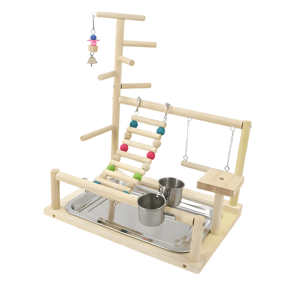 Parrot Playstand with Climbing Ladder & Swing, 14.6 x 10.2 x 17.3 in / 37 x 26 x 44 cm Natural Wood Bird Playground Training Perch, Stainless Steel Food Cups, Stable & Portable