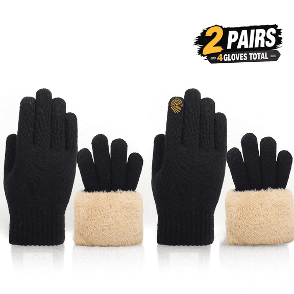 Mitho Unisex Winter Gloves, Double Layered, Thick Fleece Lined Knit Gloves, Touchscreen Compatible, Elastic Cuffs, 2 Pairs Black, M