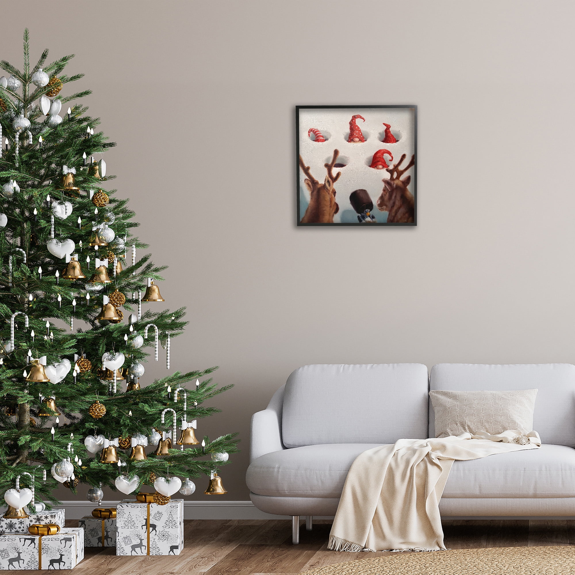 Stupell Industries Holiday Whack an Elf Humor Animals & Insects Painting Black Framed Art Print Wall Art, 24 x 24