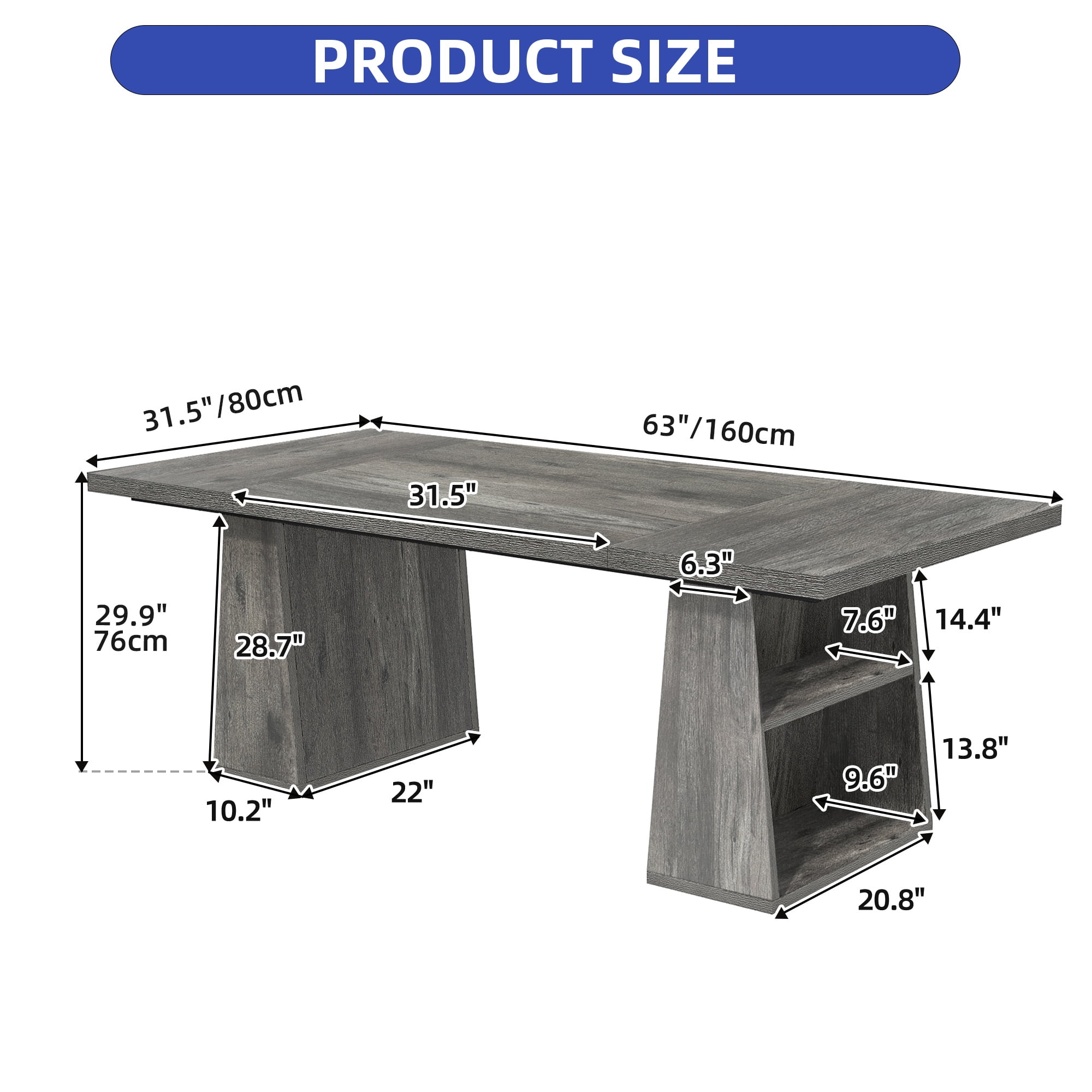 Craftian 63 inches Executive Desk with Double Pedestal and Storage Shelves, Home Office Desk Computer Desk Conference Table, Gray