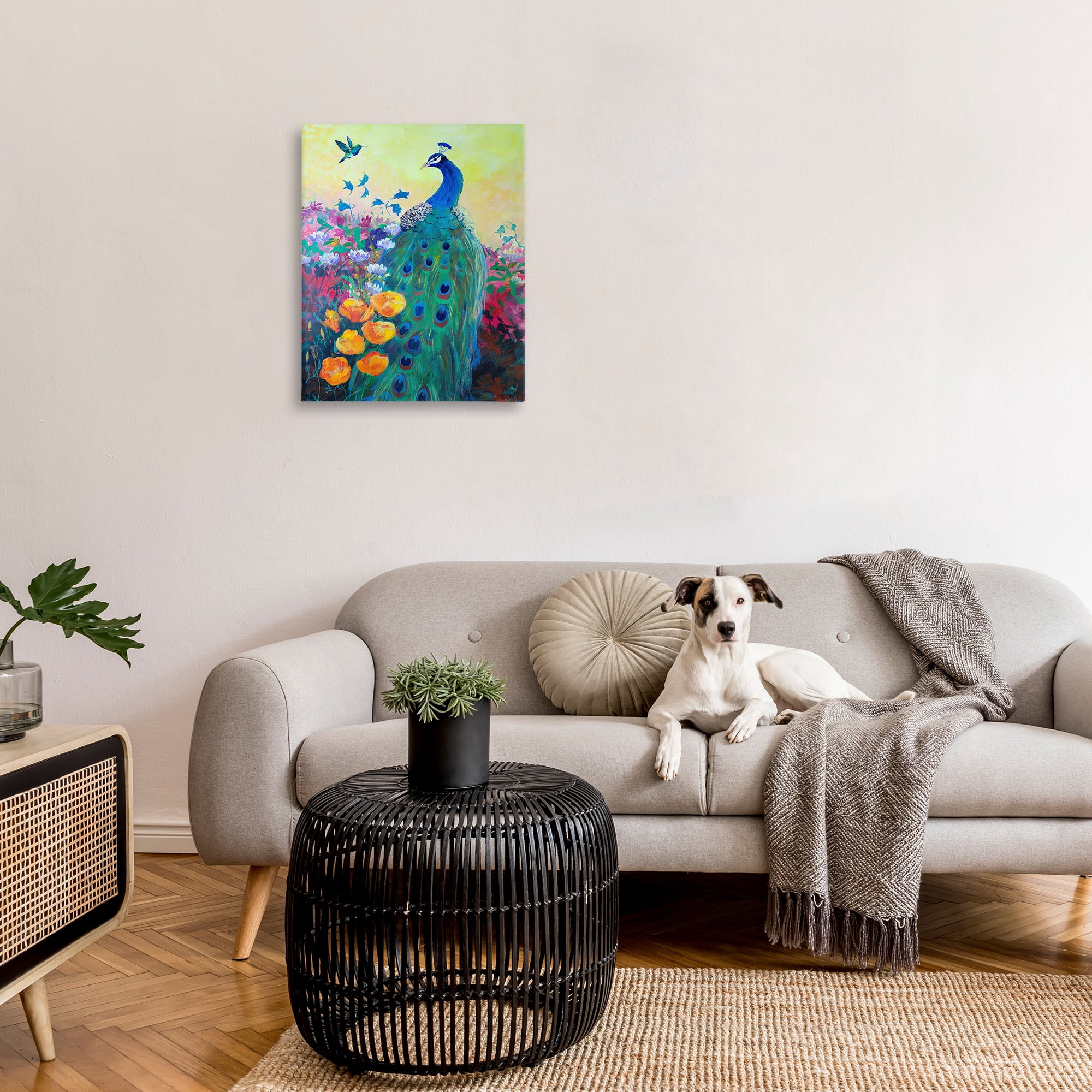 Stupell Industries Peacock & Garden Flowers Animals & Insects Painting Gallery Wrapped Canvas Art Print Wall Art, 24 x 30