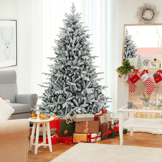 Gymax 7 FT Pre-Lit Artificial Christmas Tree Snow Flocked Full Tree w/ 1164 Lush Branch Tips