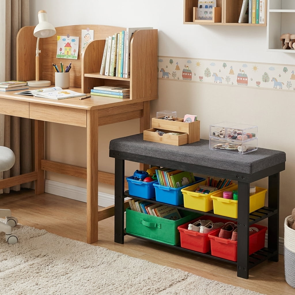 LEDREM Shoe Bench with Cushion, 3-Tier Sturdy Entryway Shoe Rack Organizer, Black and Gray