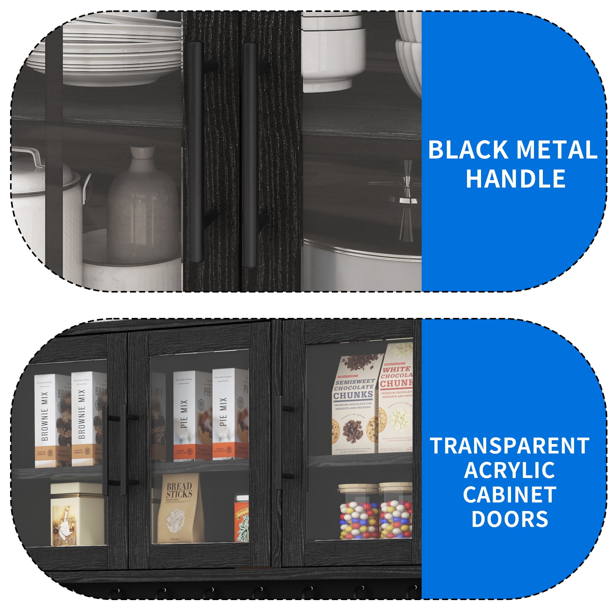 Dextrus 71-Inch Tall Kitchen Pantry Cabinet with Power Outlet, Glass Door, Mug Hooks, 2 Drawers, Microwave Stand, Black
