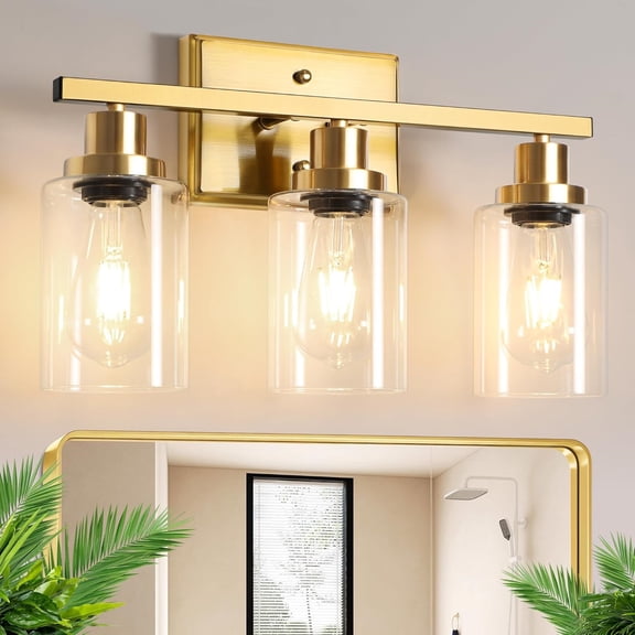 Bathroom Vanity Light Fixtures, 3 Light Wall Sconces Lighting with Clear Glass Shade, Gold Wall Lights for Mirror, Kitchen, Living Room, Gallery, E26 Base (Bulbs Not Included)