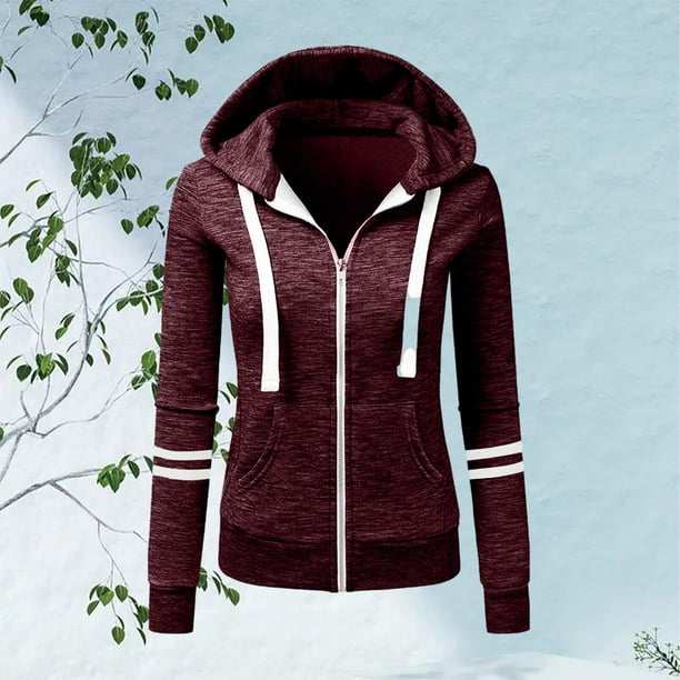 Sudadera con capucha Mujer Manga larga Cremallera completa Sudadera con capucha de forro polar suave Tops para deporte Vino rojo Hugo Sudadera con capucha