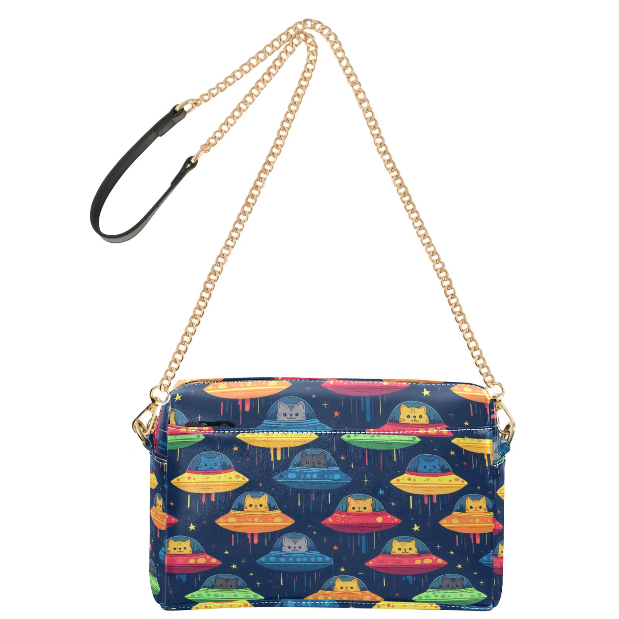 FORMRS Women Crossbody Purse with Chain Strap Vegan Leather Shoulder Handbag, Rainbow Space Cat