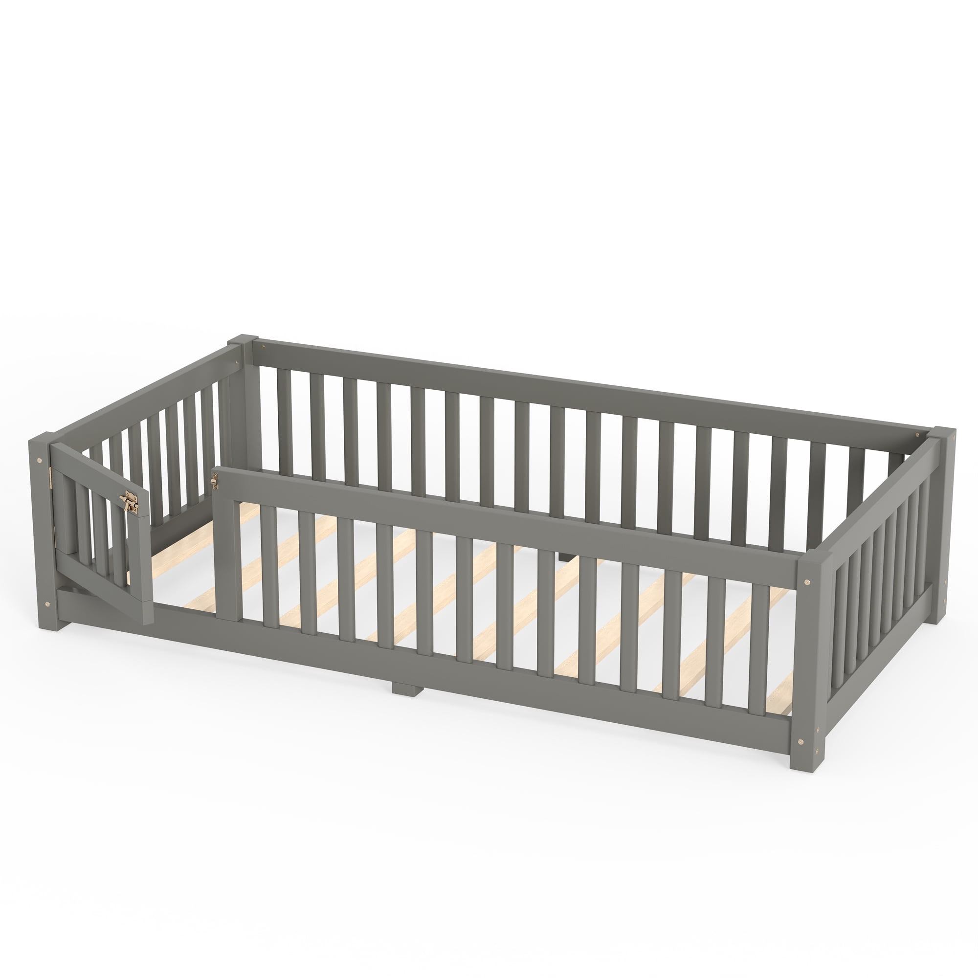 Twin Size Kids Floor Bed with Door and Full-Length Guardrails, Wood Montessori Floor Bed with Support Slats, Toddler Bed for Boys Girls, No Box Spring Needed Design