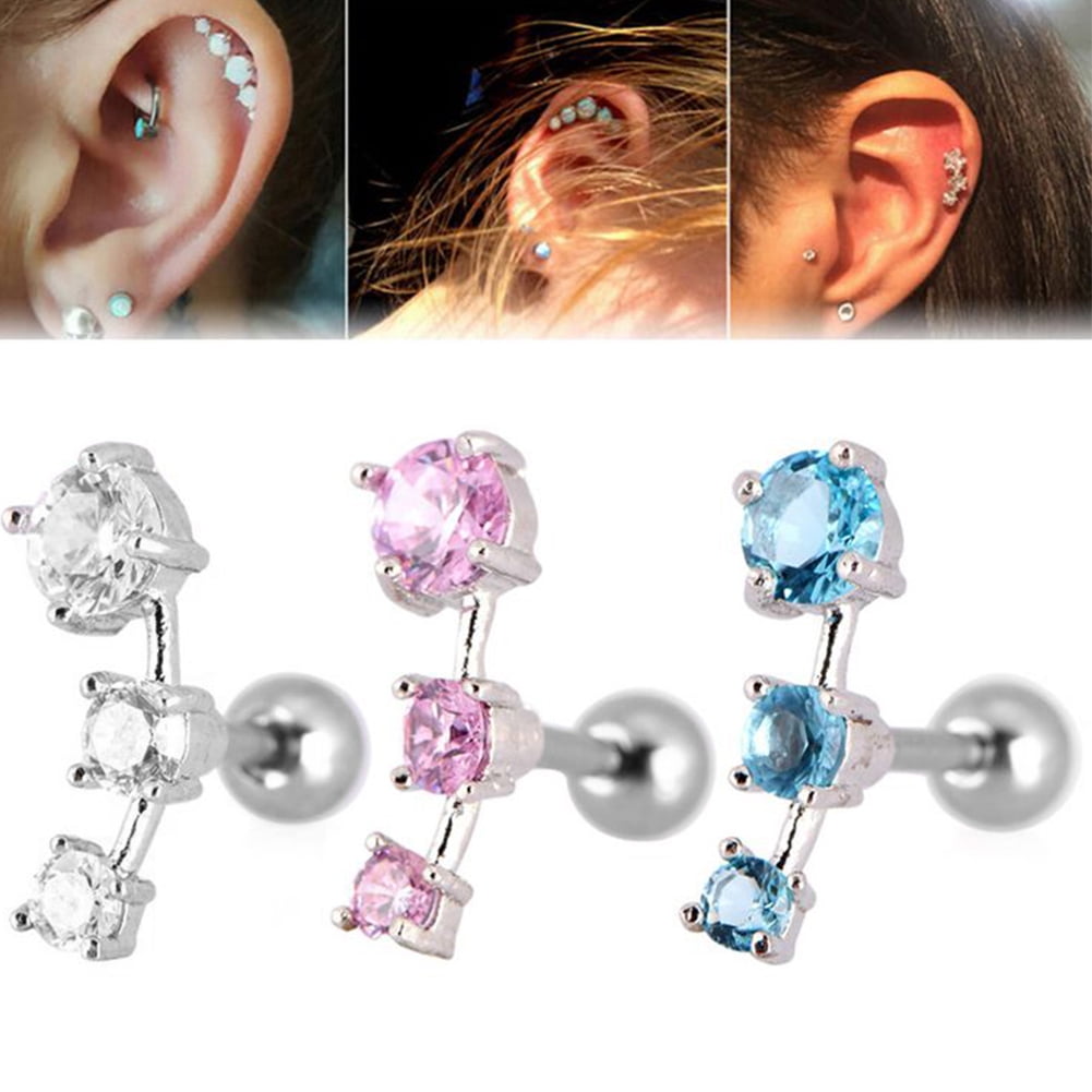 Lined Triple CZ Daith Helix Tragus Ear Cartilage Barbell Stud Earrings 