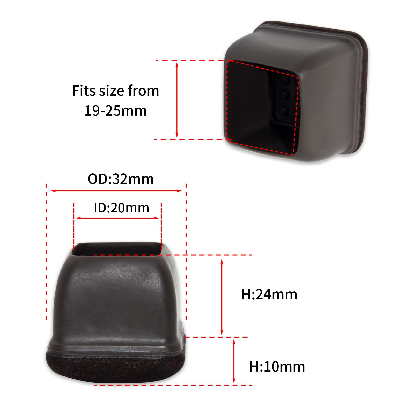 Flyshop 8PCS Square Chair Leg Caps with Felt Pads Durable Floor Protectors for Hardwood Floor Prevent Scratches Reduce Noise Foot Cap, Dark Brown Protective Caps, 19 to 25 mm