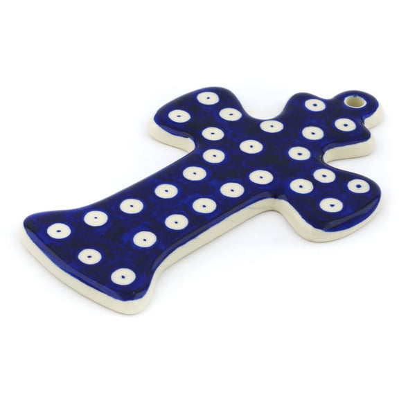 Polish Pottery 7½-inch Cross (Blue Eyed Peacock Theme) Hand Painted in Boleslawiec, Poland   Certificate of Authenticity