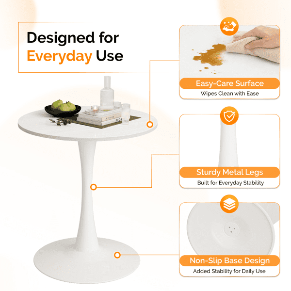 Round Tulip Dining Table, 27.6 Inch Circular Kitchen Table for 2 People, Melamine Laminated MDF Tabletop with Metal Pedestal Base, Easy Assembly Breakfast Table for Dining Room, Apartment, White