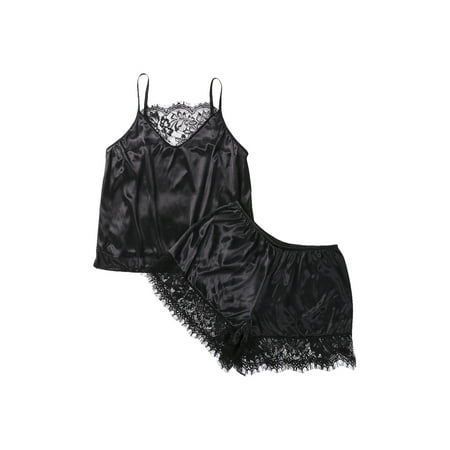 

Spring hue Womens Lady Sleeveless Top Shorts Pajamas Silk Lace Sleepwear Set