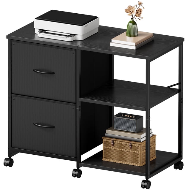 YeTom Fabric Lateral File Cabinet with Wheels, Rolling Printer Stand with Open Storage Shelf for Home Office, Black