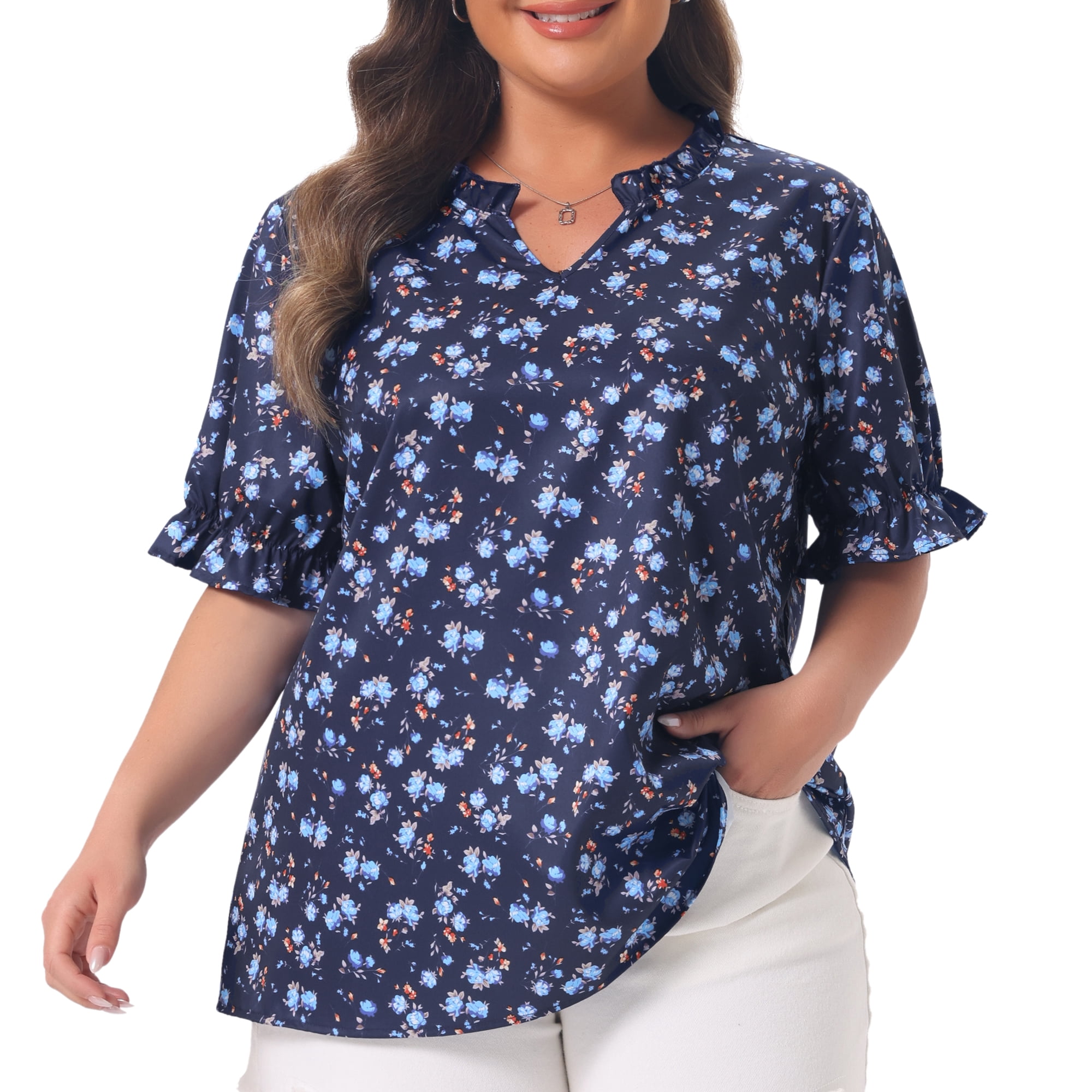DARING DIVA Women's Plus Tops Floral V Neck Ruffle Puff  Casual Blouse Top 1X Navy Blue