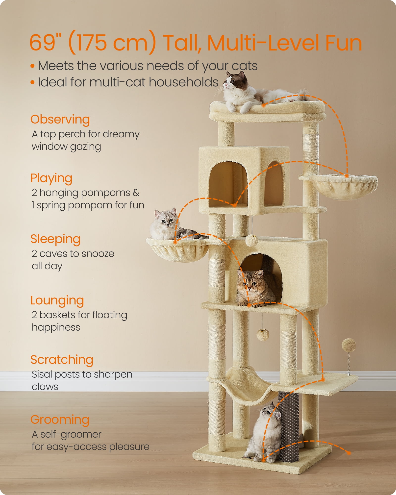69 Inch Tall Cat Tree Tower for Indoor Cats, Multi-Level Cat Condo with 2 Caves, 2 Baskets, 5 Scratching Posts, Self-Groomer, Perch, and Hammock, Beige