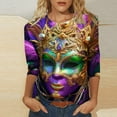 thumbnail image 2 of YUGYXL Deals Womens Plus Size 3/4 Sleeve Shirts Trendy Mardi Gras Colorful Mask Printed Comfy Tshirts Summer Crew Neck Lightweight Loose Clothes Ladies Tunic Fit Tees Party Tops, 2 of 5